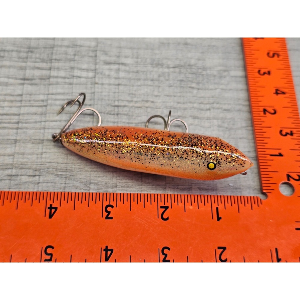 Vintage Heddon Zara Spook Topwater Lure Orange Gold Glitter Black Back 4.5"